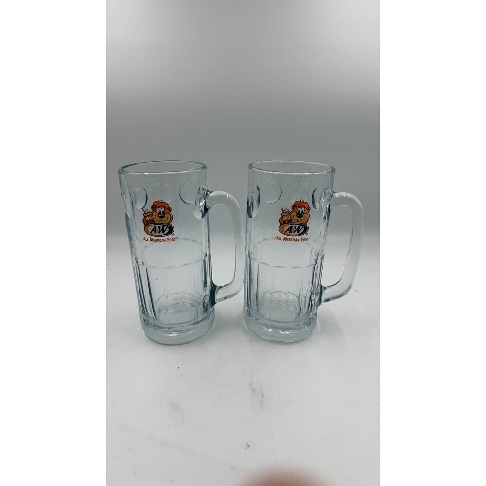 2 A&W Logo All American Food Large Glass AW Root Beer Mug 7", 16 oz